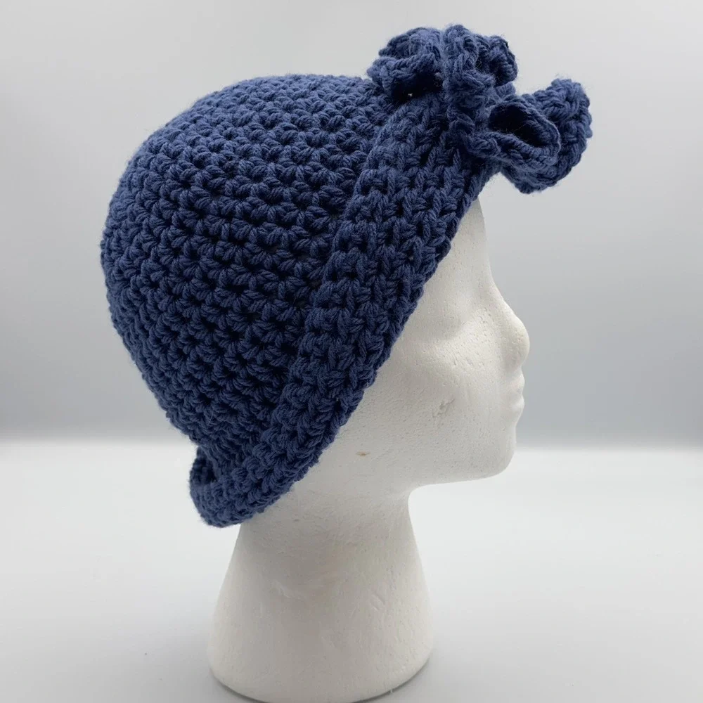 Crochet Handmade Woman's Blue Flower Hat‎ Folded Up